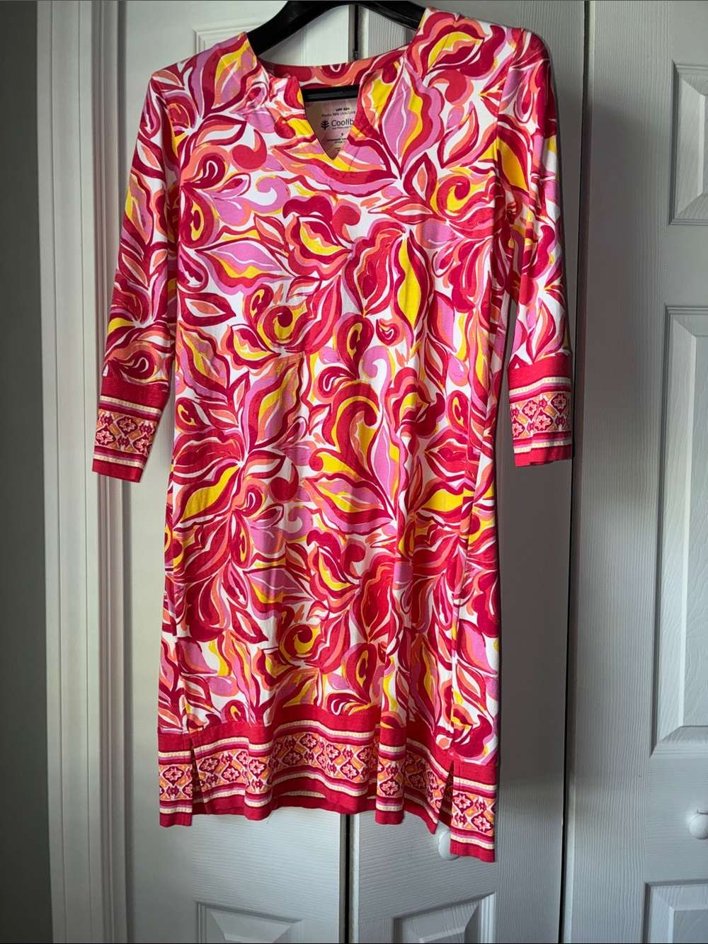 Coolibar Pink Yellow White Floral V-Neck Midi Dress